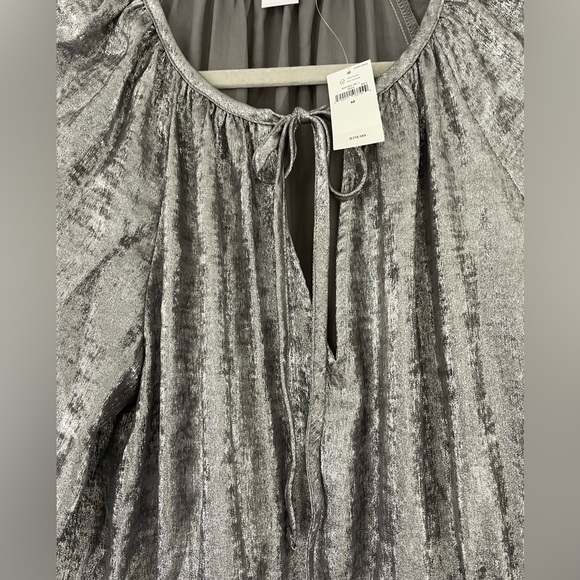 Gap Metallic Silver Smocked Shine Splitneck Mini Dress Available in Med or Large - Picture 4 of 10